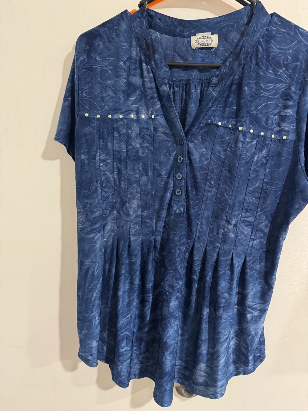 Blue Pleated Short-Sleeve Women's Top with Button V-Neck